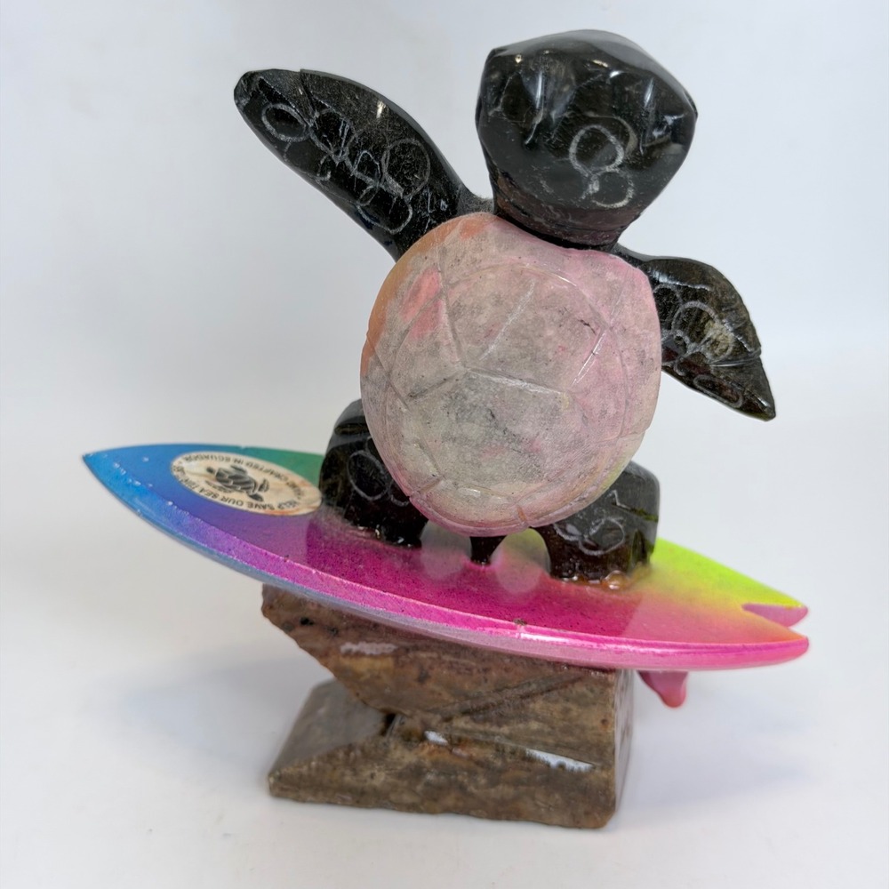 Hand Crafted Ecuador Stone Surfing Turtle Figurine Rainbow Surfboard 4.5"